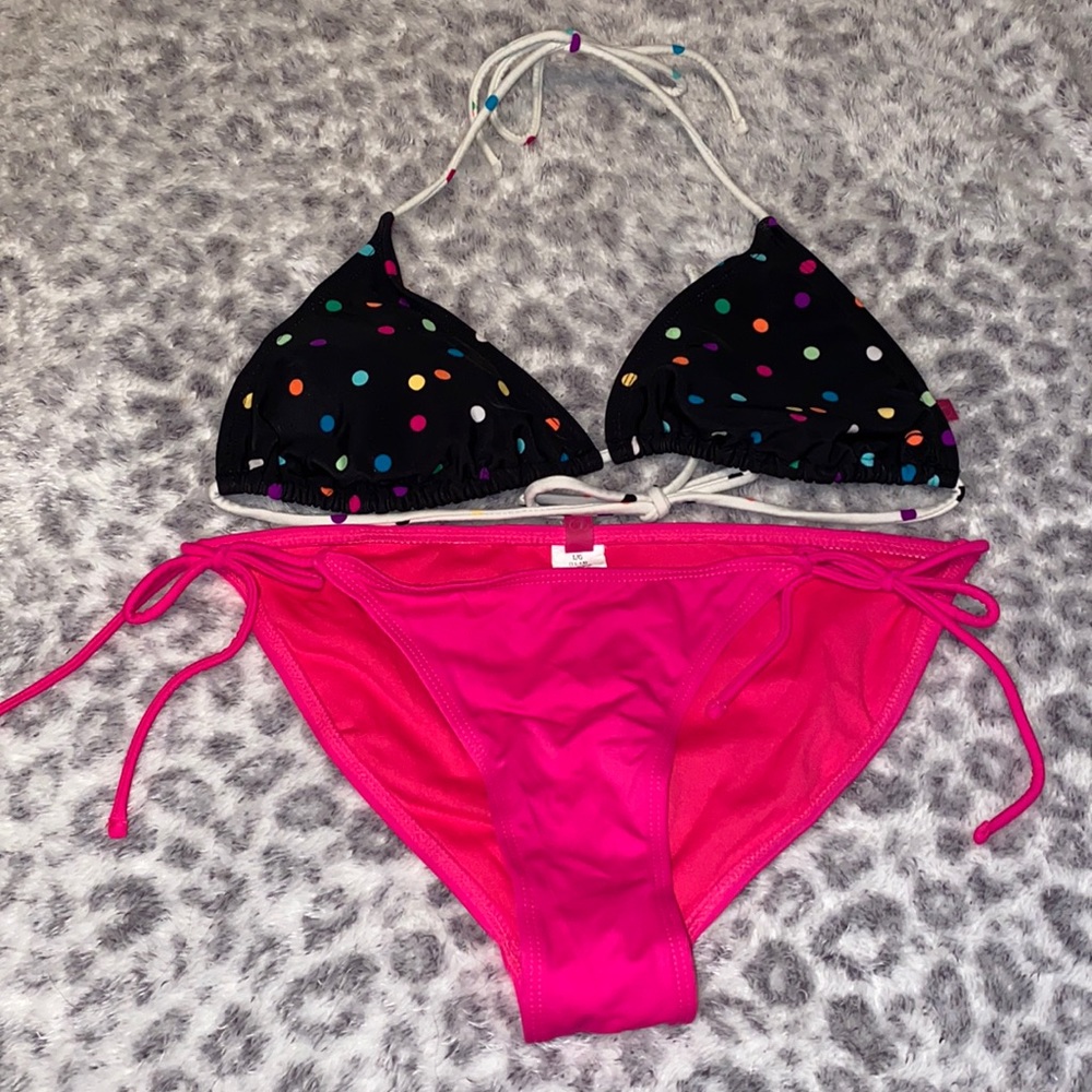 Juniors Pink/Black/Polka Dots Large OP Bikini